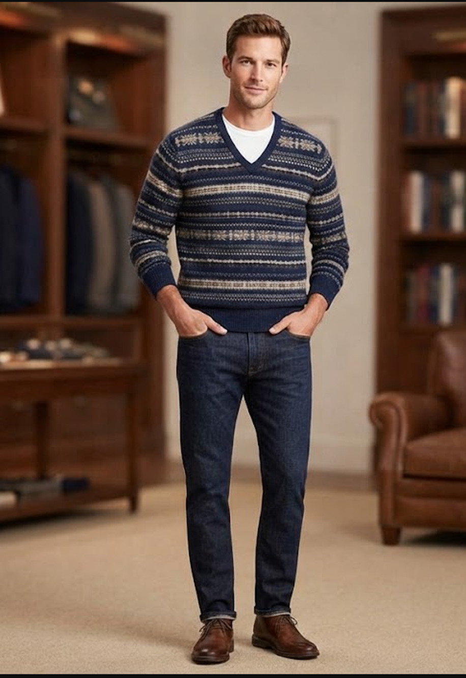 Brooks Brothers Fair Isle Sweater Mens XL Italian Lambswool Navy Tan Crewneck